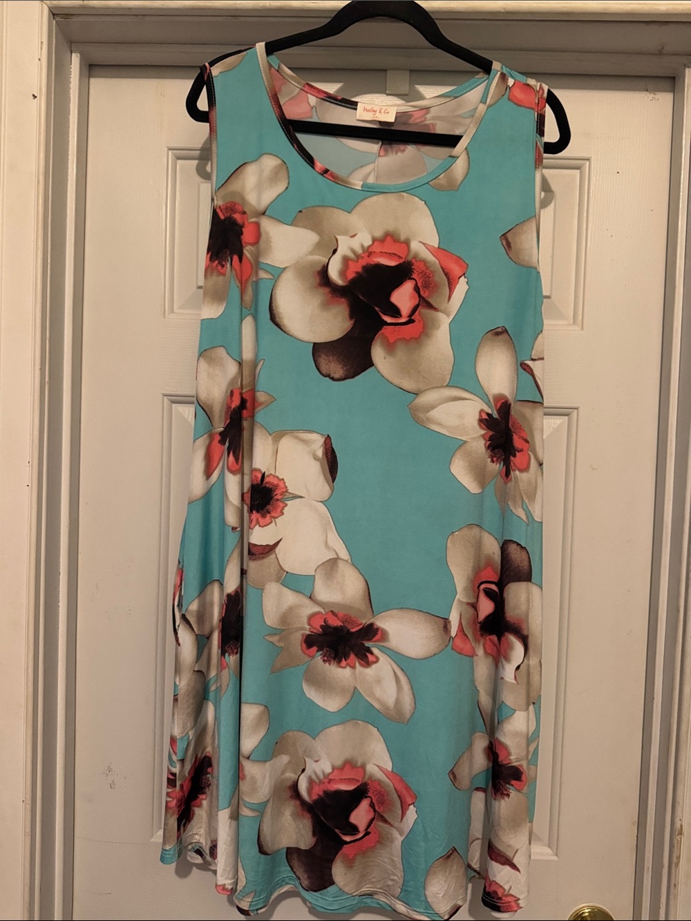Floral Swing Dress in Aqua with Cream & Coral Blooms